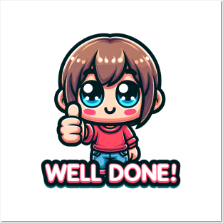 Get ready for cuteness overload with our kawaii-style boy giving a thumbs up alongside the text 'Well Done!' Posters and Art